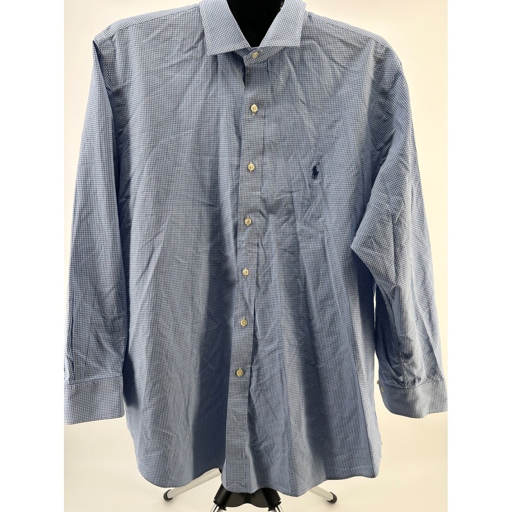 Polo Ralph Lauren Mens Blue Gingham Check Custom‎ Fit Long Sleeve Shirt 17 1/2